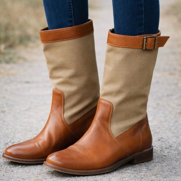 Frye Shoes - Frye Tan Leather Canvas Mid Calf Boots Size 8 Western Buckle Riding Boots